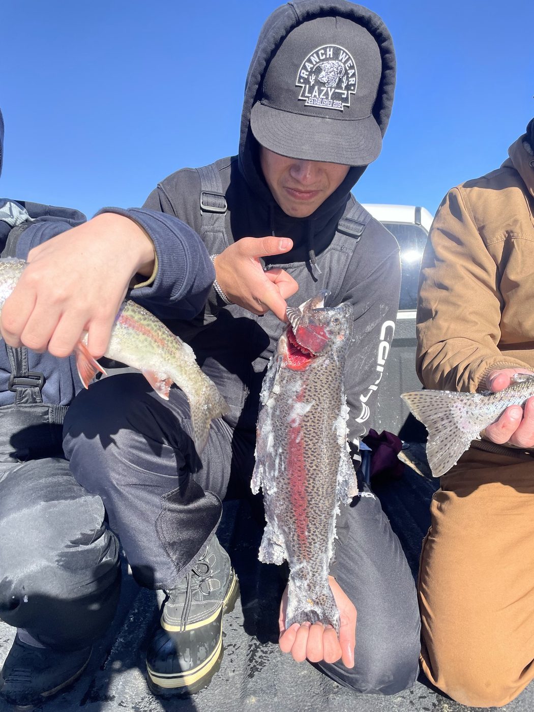 Angler crouching on a truck tailgate holding a rainbow trout under a bright blue sky